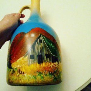 Vintage wine Jug / Hand Painted by McCarson 1994 Farm fall leaves trees 14" Tall